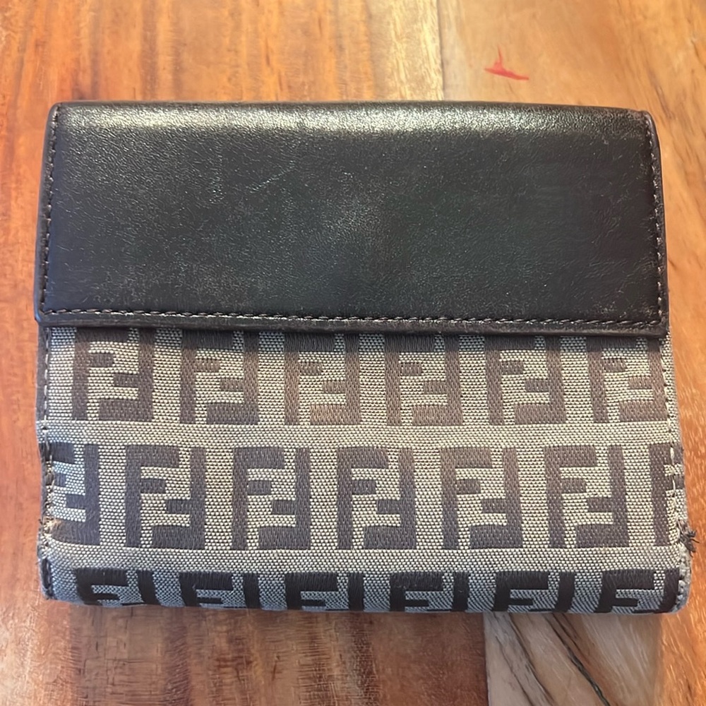 Authentic Fendi Brown and Tan Bifold Wallet leather and Canvas